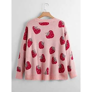 MakeMeChic Women's Plus Size Strawberry Print Long Sleeve Open Front Knit Cardigan Sweater Pink 0XL