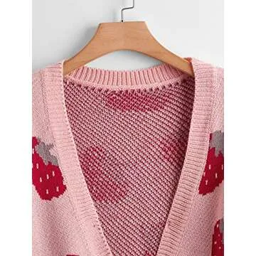MakeMeChic Women's Plus Size Strawberry Print Long Sleeve Open Front Knit Cardigan Sweater Pink 0XL