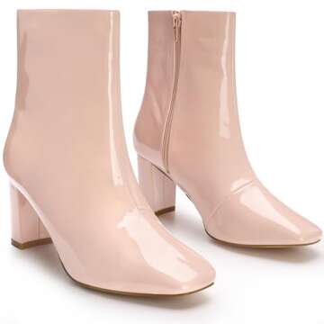 Allegra K Women's Gogo Boots Square Toe Side Zip Chunky High Heels Nude Ankle Boots 9 M US