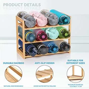Ackitry 12 Water Bottle Organizer, Freestanding Bamboo Water Bottle Holder Rack, Sturdy Water Cup Stand Storage for Cabinet, Kitchen Countertops, Table Top, Pantry (for 12 Bottles)