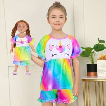 Adorable Unicorn Matching Pajama Set for Girls and Dolls (Not Included) 3-10 Years