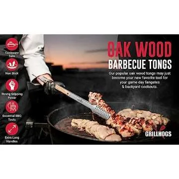 16" Extra Long Tongs - Premium Stainless Steel BBQ Grill Tongs with Real Oak Handle for Cooking