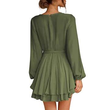 Cosonsen Womens Skater Dress Deep V-Neck Long Balloon Sleeve Flowy Ruffle Dress Green M