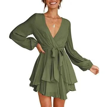 Cosonsen Womens Skater Dress Deep V-Neck Long Balloon Sleeve Flowy Ruffle Dress Green M