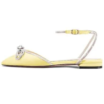 TNYNFBEB Womens Chunky Block Low Heel Pointed Toe Pumps Ankle Strap Buckle Rhinestone Crystal Party Glitter Cute 0.6 Inches Heels Light Yellow 10.5 M US