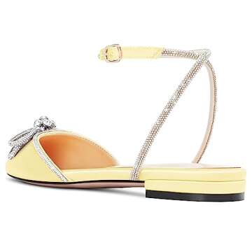 TNYNFBEB Womens Chunky Block Low Heel Pointed Toe Pumps Ankle Strap Buckle Rhinestone Crystal Party Glitter Cute 0.6 Inches Heels Light Yellow 10.5 M US