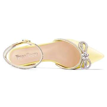 TNYNFBEB Womens Chunky Block Low Heel Pointed Toe Pumps Ankle Strap Buckle Rhinestone Crystal Party Glitter Cute 0.6 Inches Heels Light Yellow 10.5 M US