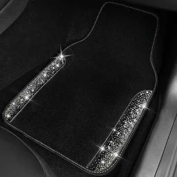CAR PASS Bling Car Mats Shining Diamond Carpet Crystal Rhinestone Sparkly Glitter Floor Mats with Anti-Slip PVC Pad Universal Fit Automotive SUV,Sedan,Van,4pcs for Girl Women, Black Sliver Diamond