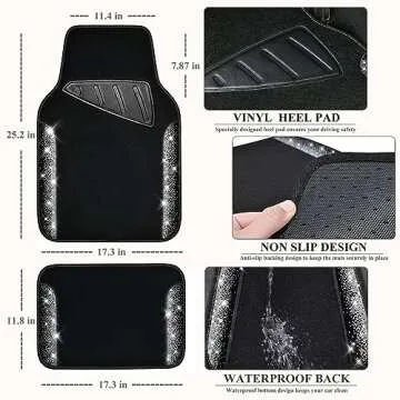 CAR PASS Bling Car Mats Shining Diamond Carpet Crystal Rhinestone Sparkly Glitter Floor Mats with Anti-Slip PVC Pad Universal Fit Automotive SUV,Sedan,Van,4pcs for Girl Women, Black Sliver Diamond