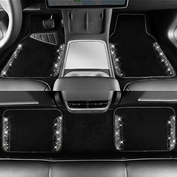 CAR PASS Bling Car Mats Shining Diamond Carpet Crystal Rhinestone Sparkly Glitter Floor Mats with Anti-Slip PVC Pad Universal Fit Automotive SUV,Sedan,Van,4pcs for Girl Women, Black Sliver Diamond