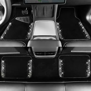 CAR PASS Bling Car Mats Shining Diamond Carpet Crystal Rhinestone Sparkly Glitter Floor Mats with Anti-Slip PVC Pad Universal Fit Automotive SUV,Sedan,Van,4pcs for Girl Women, Black Sliver Diamond