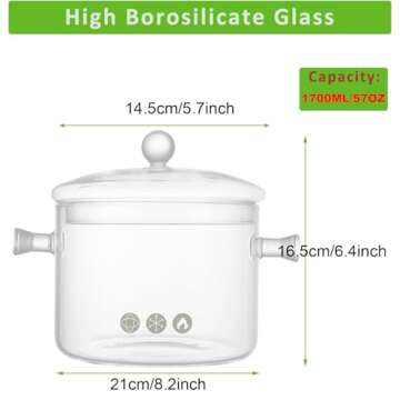 Riavzau Glass Cooking Pot, 1.7L/57oz Heat-Resistant Borosilicate Glass Saucepan with Cover, Cookware...