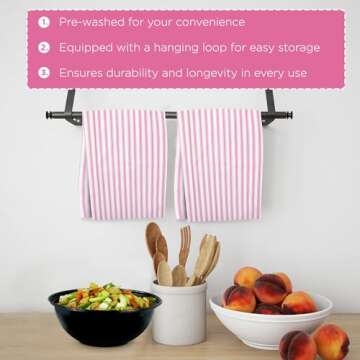 Candy Cottons Stripe Kitchen Towels Decor Hanging Loop Dish Towels Boho Stripe Absorbent Festive Gift Set of 3 Pantry Reusable 18x28 Inch Kitchen Dish Towels|Trendy Spring French Stripe| Pink