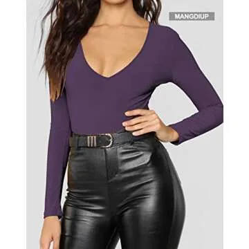 MANGDIUP Women's V-Neck Long Sleeve Bodysuit - Sexy & Comfortable Stretchy Tops(Dark Purple-XXL)