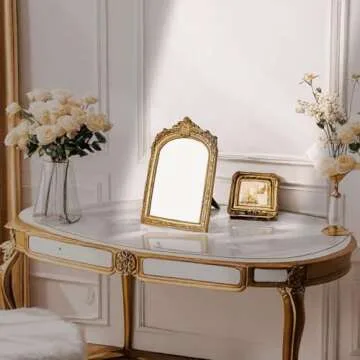 HSDDHOME Small Gold Vintage Vanity Desk Makeup Mirror Antique Decorative Wall Mirror,Resin Carved Arch Table Mirror with Stand for Living Room,Bedroom Dresser,Desktop Decor 10.2" x 7" ﻿