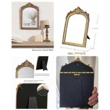 HSDDHOME Small Gold Vintage Vanity Desk Makeup Mirror Antique Decorative Wall Mirror,Resin Carved Arch Table Mirror with Stand for Living Room,Bedroom Dresser,Desktop Decor 10.2" x 7" ﻿