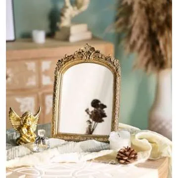 HSDDHOME Small Gold Vintage Vanity Desk Makeup Mirror Antique Decorative Wall Mirror,Resin Carved Arch Table Mirror with Stand for Living Room,Bedroom Dresser,Desktop Decor 10.2" x 7" ﻿