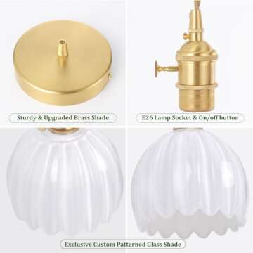 Shenmoyl Mini Pendant Light with White Tulip Glass Lmapshade, Brass Vintage Pendant Light Adjustable Hanging Light for Kitchen Island Dining Room Hallway