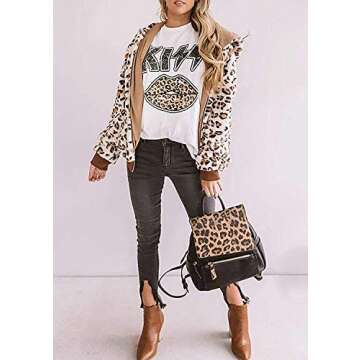 Qrupoad Womens Leopard Lips Print Tongue T-Shirt Summer Casual Short Sleeve Fashion Graphic Tees Tops