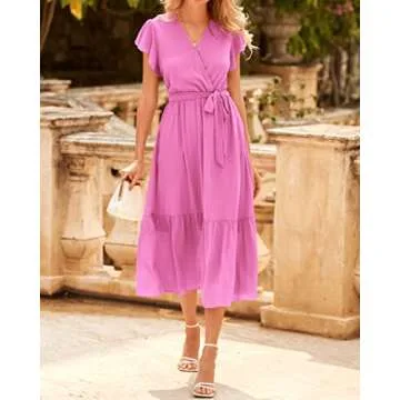 BTFBM Women Summer Bohemian Floral Casual Wrap V Neck Ruffle Cap Sleeveless Belt A-Line Pleated Hem Swing Midi Sun Dress (Solid Rose Pink, XX-Large)