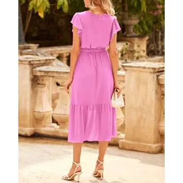 BTFBM Women Summer Bohemian Floral Casual Wrap V Neck Ruffle Cap Sleeveless Belt A-Line Pleated Hem Swing Midi Sun Dress (Solid Rose Pink, XX-Large)