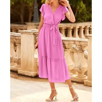 BTFBM Women Summer Bohemian Floral Casual Wrap V Neck Ruffle Cap Sleeveless Belt A-Line Pleated Hem Swing Midi Sun Dress (Solid Rose Pink, XX-Large)