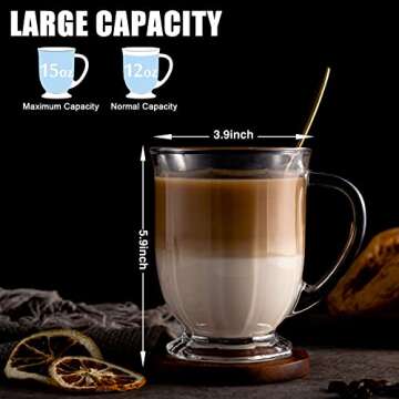 Claplante Glass Mug Set of 8, 15 oz Large Capacity Coffee Mugs with Handles, Clear, with 8 Spoons; I...