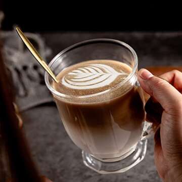 Claplante Glass Mug Set of 8, 15 oz Large Capacity Coffee Mugs with Handles, Clear, with 8 Spoons; Ideal for Latte, Espresso, Juice, Tea