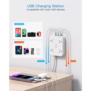 1 Ft Flat Plug Power Strip with USB Ports, HANYCONY