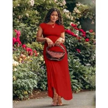 GOKATOSAU Women's Asymmetry Neck High Side Split Bodycon Ruched Plus Size Long Maxi Dress Red