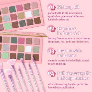 18 Colors Eyeshadow Palette With 7 pcs Soft Brushes Makeup Set High Pigmented Shimmer Matte Metallic Glitter Pink Nude Sage Green Eye Shadow Brush Make Up Kit for Women & Teen, Beginner & Pros