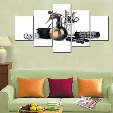 Haircut Salon Wall Pictures for Living Room Hair Curler Accessories Paintings Hairdresser Tools Artwork 5 Panel White Canvas Wall Art House Decor Framed Ready to Hang Posters and Prints(60''Wx32''H)