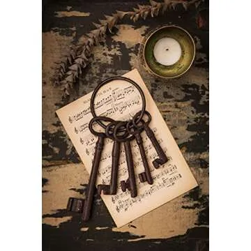 Salomé Idea 8" Vintage Cast Iron Skeleton Key Ring Antique Style Pirate Treasure Chest Keys Set for Farmhouse Decor, Halloween Home Decoration Prop(5 Keys-Brown)