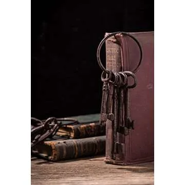 Salomé Idea 8" Vintage Cast Iron Skeleton Key Ring Antique Style Pirate Treasure Chest Keys Set for Farmhouse Decor, Halloween Home Decoration Prop(5 Keys-Brown)