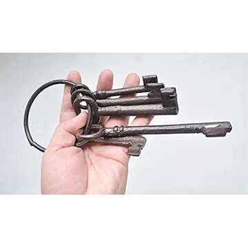 Salomé Idea 8" Vintage Cast Iron Skeleton Key Ring Antique Style Pirate Treasure Chest Keys Set for Farmhouse Decor, Halloween Home Decoration Prop(5 Keys-Brown)