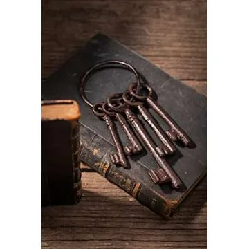 Salomé Idea 8" Vintage Cast Iron Skeleton Key Ring Antique Style Pirate Treasure Chest Keys Set for Farmhouse Decor, Halloween Home Decoration Prop(5 Keys-Brown)