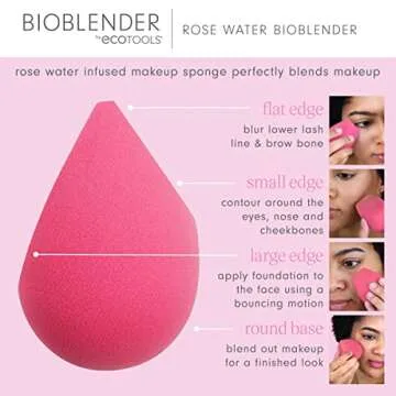 EcoTools Rose Water Bioblender, Compostable Makeup Blending Sponge, For Liquid & Cream Foundation, Base Coverage, Anti-inflammatory Ingredients, Pink, Cruelty Free & Vegan, 1 Count