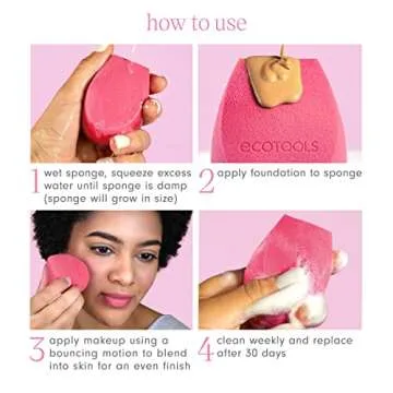 EcoTools Rose Water Bioblender, Compostable Makeup Blending Sponge, For Liquid & Cream Foundation, Base Coverage, Anti-inflammatory Ingredients, Pink, Cruelty Free & Vegan, 1 Count