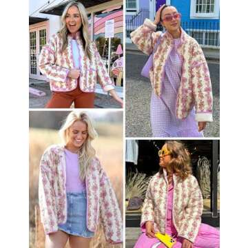 Wyeysyt Women's Cropped Quilted Jacket Floral Print Padded Puffer Jackets Lightweight Open Front Cardigan Coat Outwear (Purple-S)