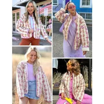 Wyeysyt Women's Cropped Quilted Jacket Floral Print Padded Puffer Jackets Lightweight Open Front Cardigan Coat Outwear (Purple-S)