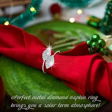 Hotop 24 Pcs Silver Napkin Rings Set Bling Napkin Rings Metal Leaves Holders Rhinestone Buckle for Valentine Party Wedding Celebrate Festival Dinner Table Decoration