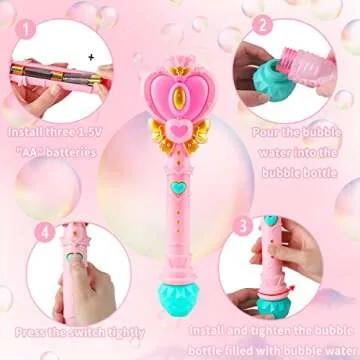 Bubble Wand for Kids, Princess Heart Bubble Machine Blower Maker Wand with Light, Easter Basket Stuffers Outdoor Toys Gifts for 1 2 3 4 5 6 7 8 Years Old Toddlers Little Girls Include Bubble Solution