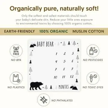 Organic Baby Monthly Milestone Blanket Boy - Baby Bear Months Blanket with Month Marker Frame and Newborn Announcement Disc - Growth Age Blanket for 1-12 Months Milestones, Woodland, 47”x47”