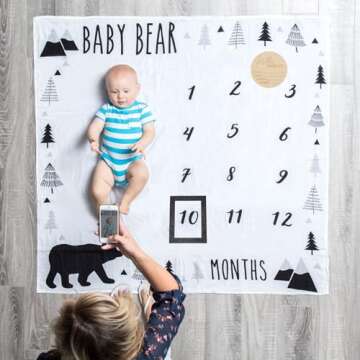 Organic Baby Monthly Milestone Blanket Boy - Baby Bear Months Blanket with Month Marker Frame and Newborn Announcement Disc - Growth Age Blanket for 1-12 Months Milestones, Woodland, 47”x47”