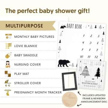 Organic Baby Monthly Milestone Blanket Boy - Baby Bear Months Blanket with Month Marker Frame and Newborn Announcement Disc - Growth Age Blanket for 1-12 Months Milestones, Woodland, 47”x47”