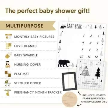 Organic Baby Monthly Milestone Blanket Boy - Baby Bear Months Blanket with Month Marker Frame and Newborn Announcement Disc - Growth Age Blanket for 1-12 Months Milestones, Woodland, 47”x47”