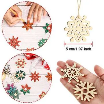 100 Pcs Christmas Unfinished Wooden Snowflake Ornaments Snowflake Hanging Cutouts Blank Wood Slices with Cord Craft Embellishments for Xmas Tree Decorations