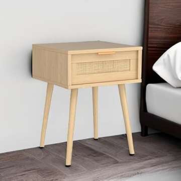 LAZZO Set of 2 Bedroom Nightstands Wooden Night Stands with Rattan Weaving Drawer Home Bedside End T...