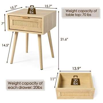 LAZZO Set of 2 Bedroom Nightstands Wooden Night Stands with Rattan Weaving Drawer Home Bedside End Table for Bedroom Storage (Set of 2)