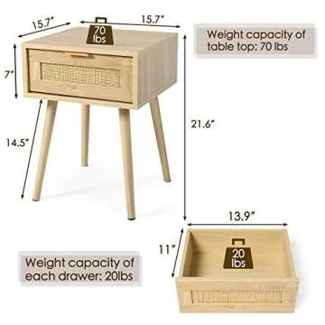 LAZZO Set of 2 Bedroom Nightstands Wooden Night Stands with Rattan Weaving Drawer Home Bedside End Table for Bedroom Storage (Set of 2)